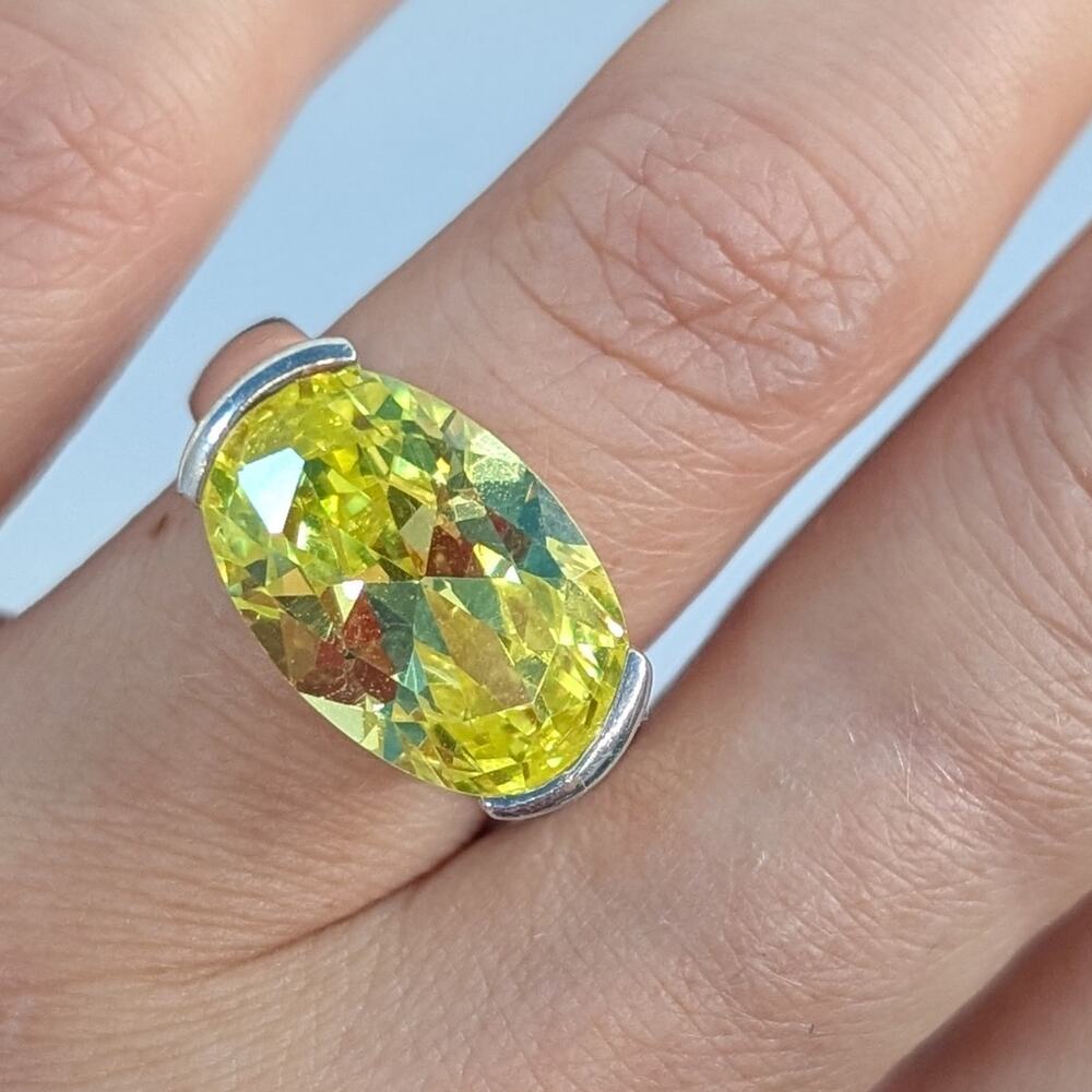 Sterling Silver Man Made Lemon Quartz Rings Set Size 7 & 7.5 Yellow Silver Pair - Picture 11 of 14